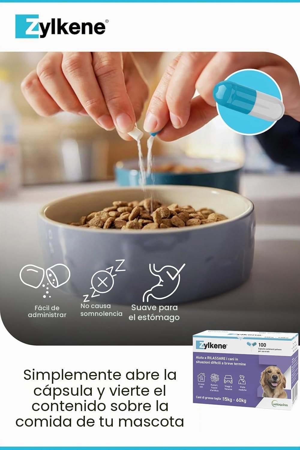 Zylkene Pienso Complementario | Perros de más de 15 kg | Relajante para situaciones incómodas | 100 Cápsulas de 450 MG