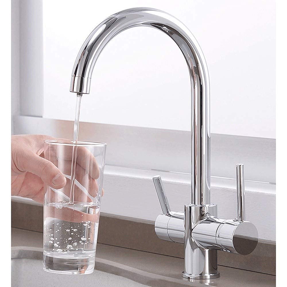 Robinet filtrant cuisine 3 voies en acier avec double levier eau pure et mixte
