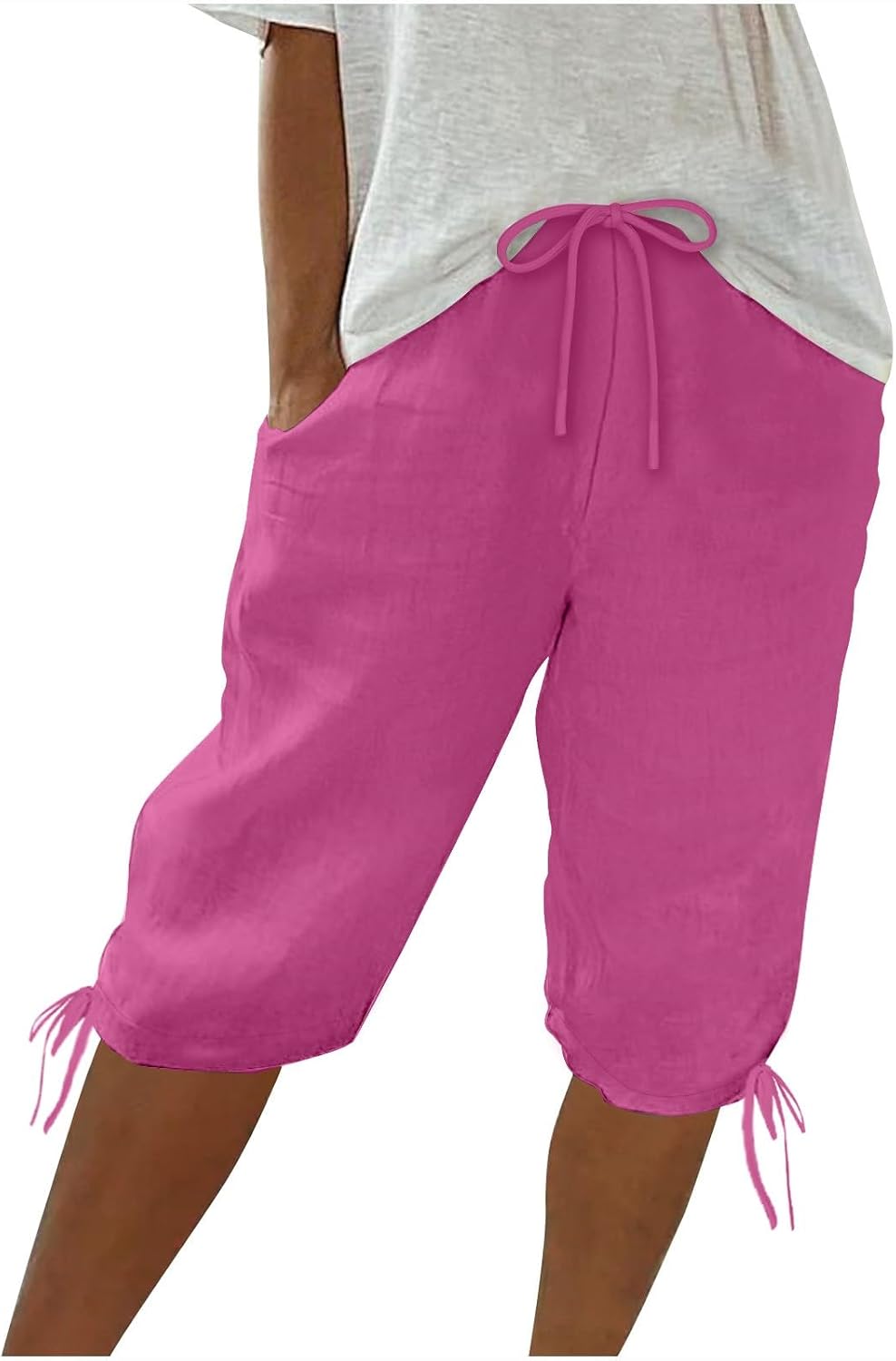 Linen Bermuda Shorts Womens Knee Length Drawstring Elastic Waist Short Pants Casual Summer Pedal Pushers with Pockets