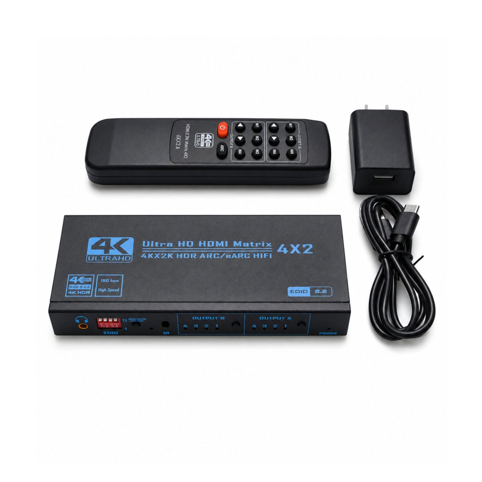 ZEZEFUFU HDMI Matrix Switch Support EDID, 4 in 2 Out 4K HDMI Switcher Splitter con ottica, uscita audio da 3,5 mm e telecomando