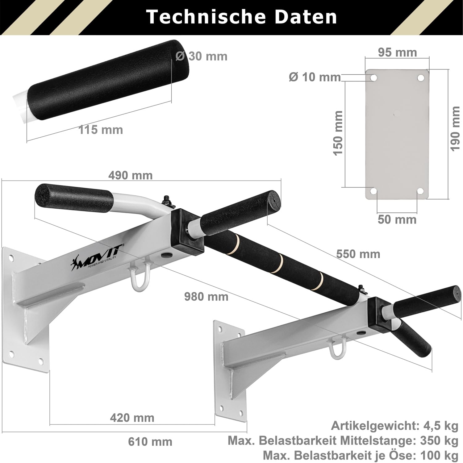 MOVIT® Profi Klimmzugstange zur Wandmontage, bis 350 kg, 4x rutschfeste Griffe + XXL Softgrip, 2x Ösen für Zubehör, schadstoffgeprüft, Weiß oder Schwarz, Türreck Reckstange Pull up bar