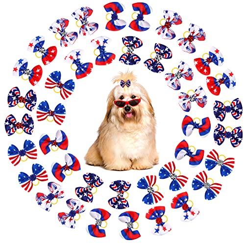 Waydress Patriotic Dog Hair Bows for 4th of July 40 Pieces/ 20 Piars Pet Dog Rhinestone Hair Bows with Rubber Bands… - Image 3