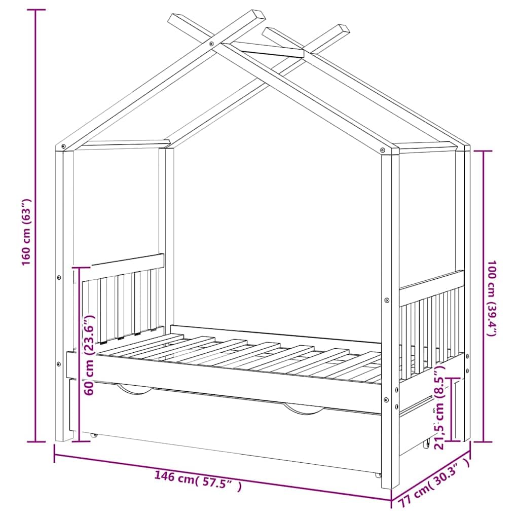 Cama infantil con cajón, color gris oscuro, madera maciza de pino, 70 x 140 cm, somier, espacio de almacenamiento, marco de cama, casa de juegos, habitación infantil