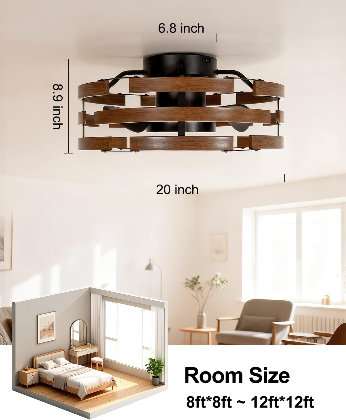 Roomratv Farmhouse Fandelier Ceiling Fan with Lights Flush Mount, 20'' Caged Bladeless Ceiling Fan with Remote,Enclosed Small Fan Light Fixtures Low Profile for Rustic Bedroom Kitchen