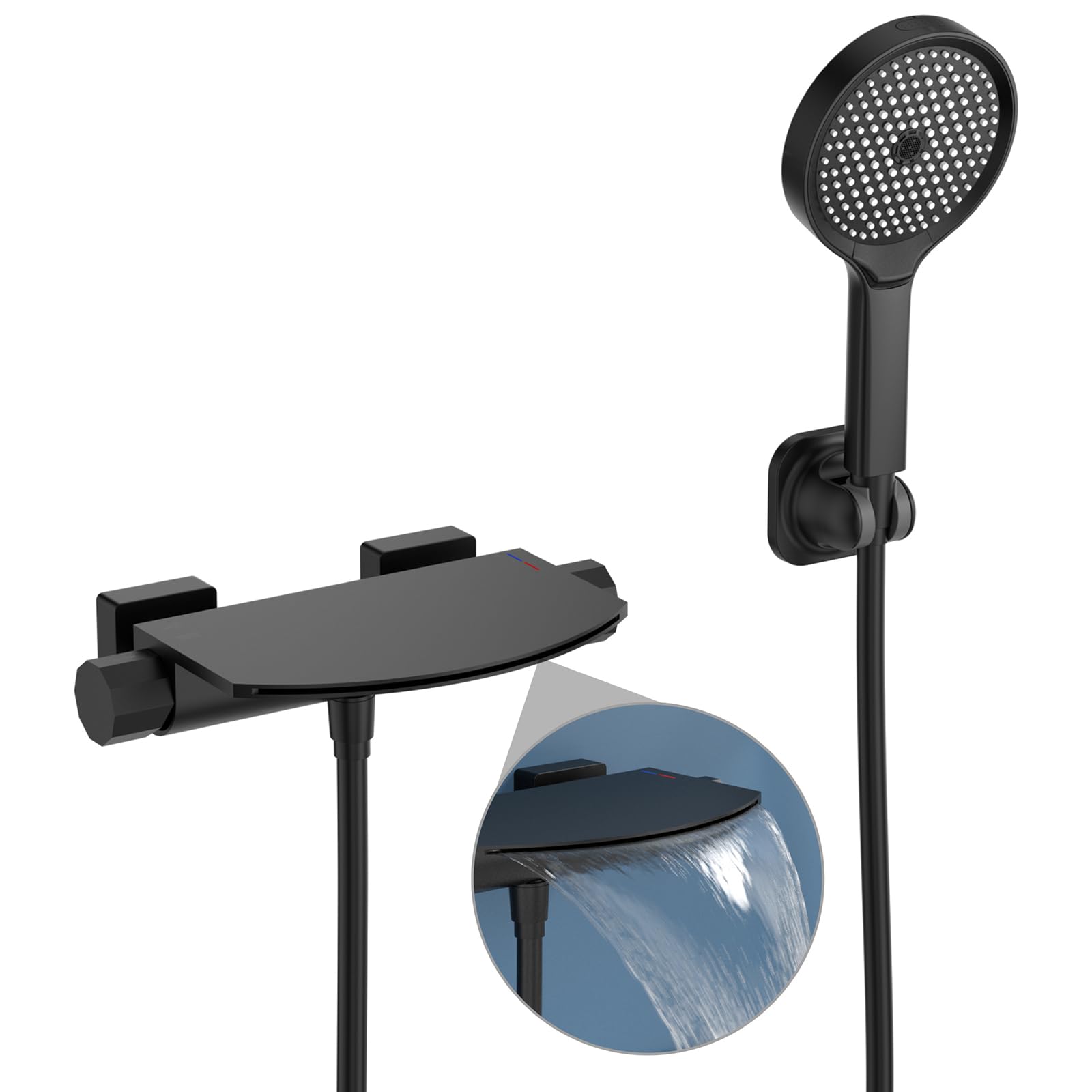 HOMELODY Badewannenarmatur Schwarz, Badewannenarmatur mit Handbrause, Wasserfall Wannenarmatur, Messing Mischbatterie Wandarmatur für Badewanne, Wandmontage mit großer Plattform