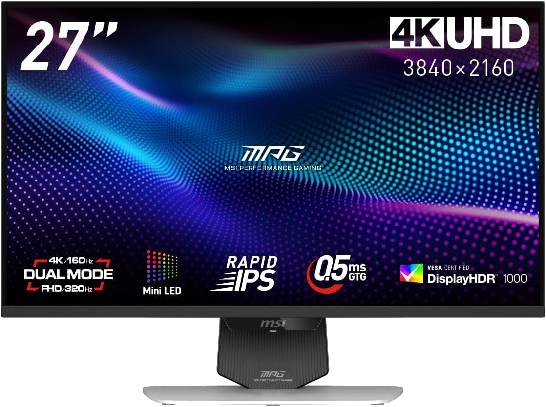 MSI デュアルモードMini LEDゲーミングモニター MPG 274URDFW E16M 27インチ 4K UHD RAPID IPS 160Hz(フルHD時320Hz) 0.5ms GTG HDMI2.1 DP1.4a USB-C DisplayHDR1000 24.5インチモード搭載 USB Type-C給電可能(最大98W) AIビジョン 縦横回転・高さ調整 3年保証