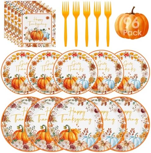 96 Pcs Happy Thanksgiving Plates and Napkins - Disposable Thanksgiving Paper Plates and Napkins Forks, Watercolor Fall Leaf Pumpkin Tableware Set for Thanks Giving Party Decorations Supplies,Serve 24
