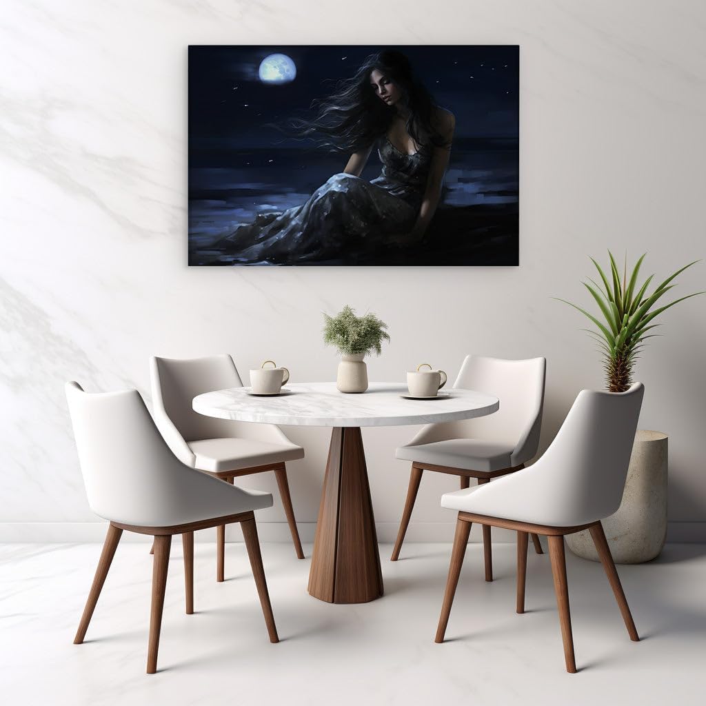 Canvas for Living room. Moonlit Serenity: A Portrait of Nocturnal Peace, 27 x 18 inch Canvas Wall Art - Contemporary Masterpieces - Modern Home Decor