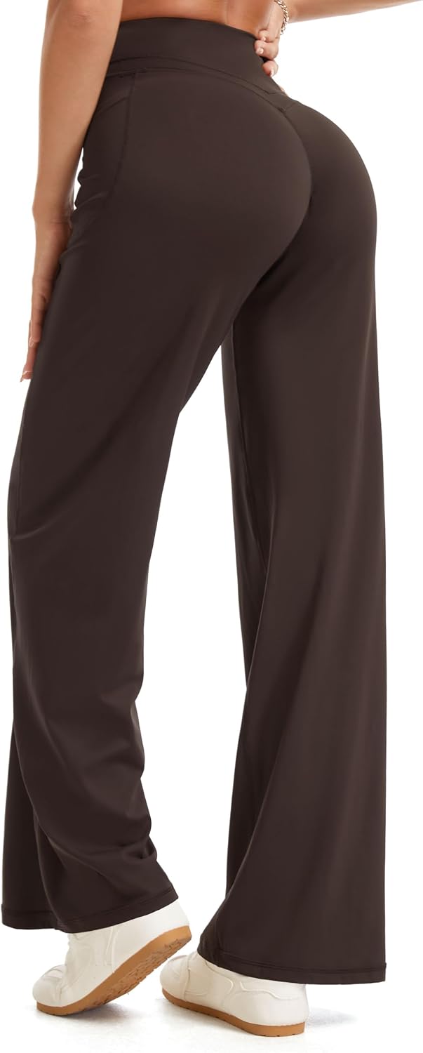 THE GYM PEOPLE Women's Booty Lifting Wide Leg Yoga Pants High Waist No Front Seam Straight Workout Leggings with Pockets