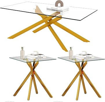 Coffee Table Set, Coffee Table & Two End Side Table, 3-Piece Glass Coffee Table Set with X-Shaped Metal Table Legs, Living Room Table Set for Apartment Home Office Living Room 3, Gold