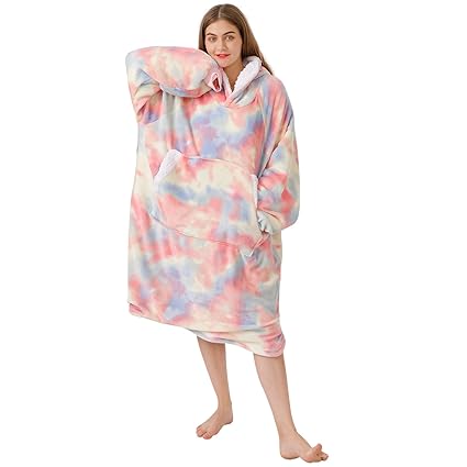 Wearable Blanket Hoodie, immtree Oversized Sherpa Blanket Sweatshirt for Adult, Cozy Warm Soft Flannel Sherpa Blanket Hoodie with Large Pocket and Elastic Sleeve, One Size Fits All, Rainbow
