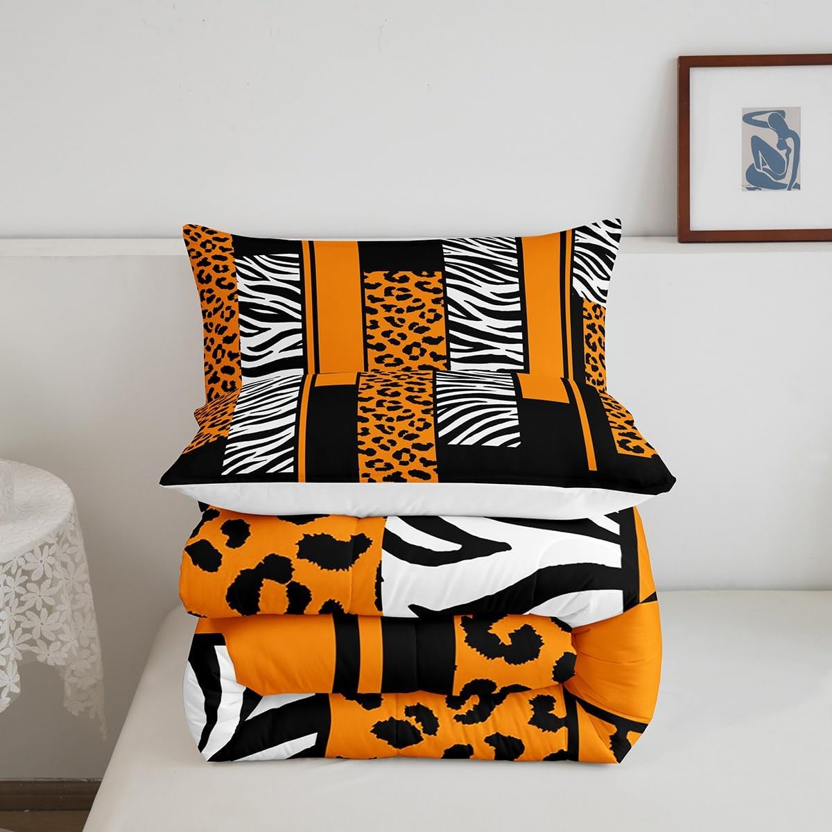 Feelyou Orange Black White Leopard Comforter Set for Girls Boys Kids Full Size Cheetah Comforter Room Decorative Animal Bedding Set Safari Zebra Duvet Set 3Pcs Quilt Set