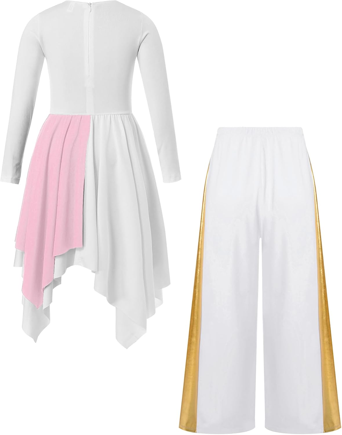 iEFiEL Girls Sparkly Praise Dance Tunic Dress with Pants Set | Long sleeve glitter worship dress, high-low asymmetrical hemline and back zipper,liturgical choir tunic dress outfit