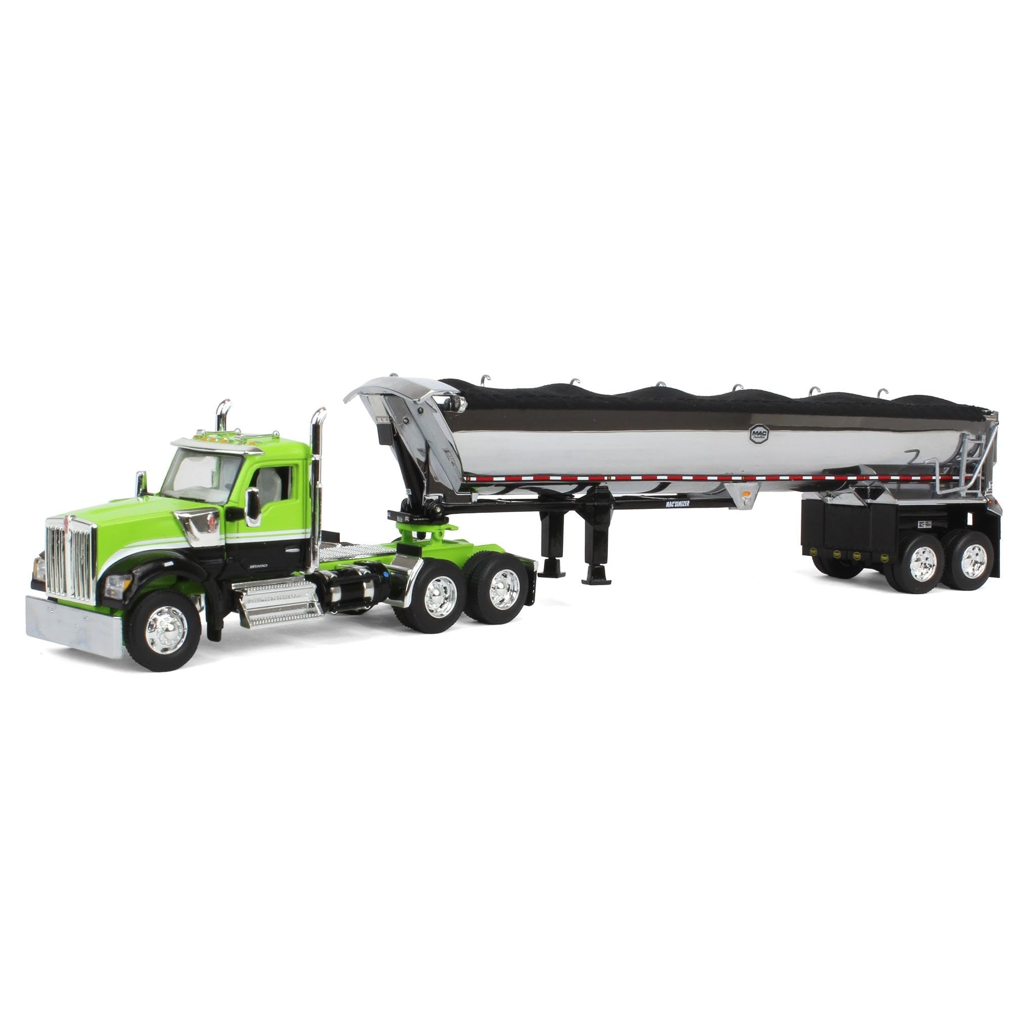 1/64 Lime Green & Black Kenworth W990 Day Cab with MAC Half Round End Dump Trailer 60-1660