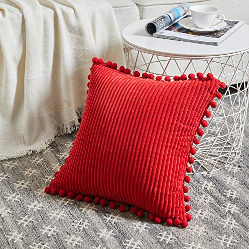 Fancy Homi Set of 2 Red Decorative Throw Pillow Covers 14x14 Inch with Pom-poms for Couch Bed Sofa, Modern Farmhouse Boho Home Decor, Soft Plush Corduroy Cute Cushion Case 35x35 cm