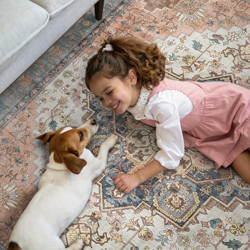 GENIMO 9x12 Area Rugs for Living Room, Non Slip Machine Washable Vintage Rugs, Low Pile Lightweight Chenille Print Large Rug for Bedroom, Dining Room, Home Office, Blue Brick Red