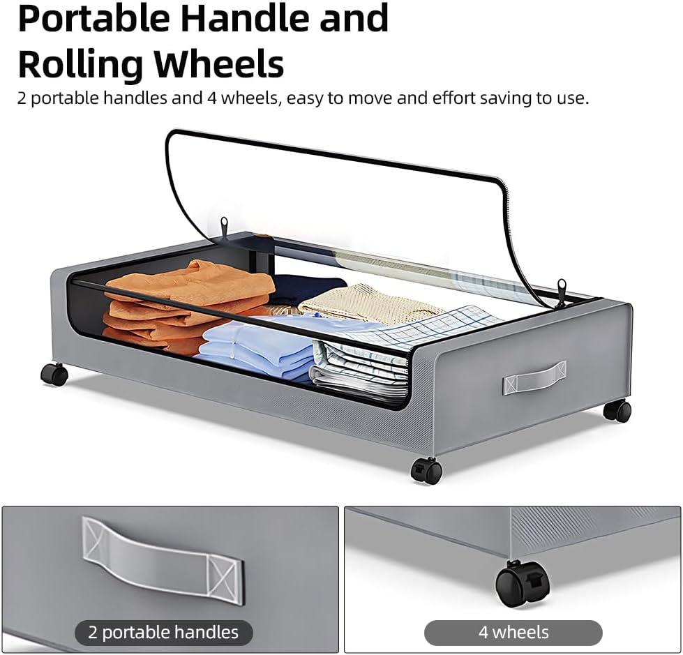 Multifunctional Under Bed Storage Container with Lid Wheels Portable Handle Clear Visible Underbed Organizer Bin for Home Dorm Clothes Organization