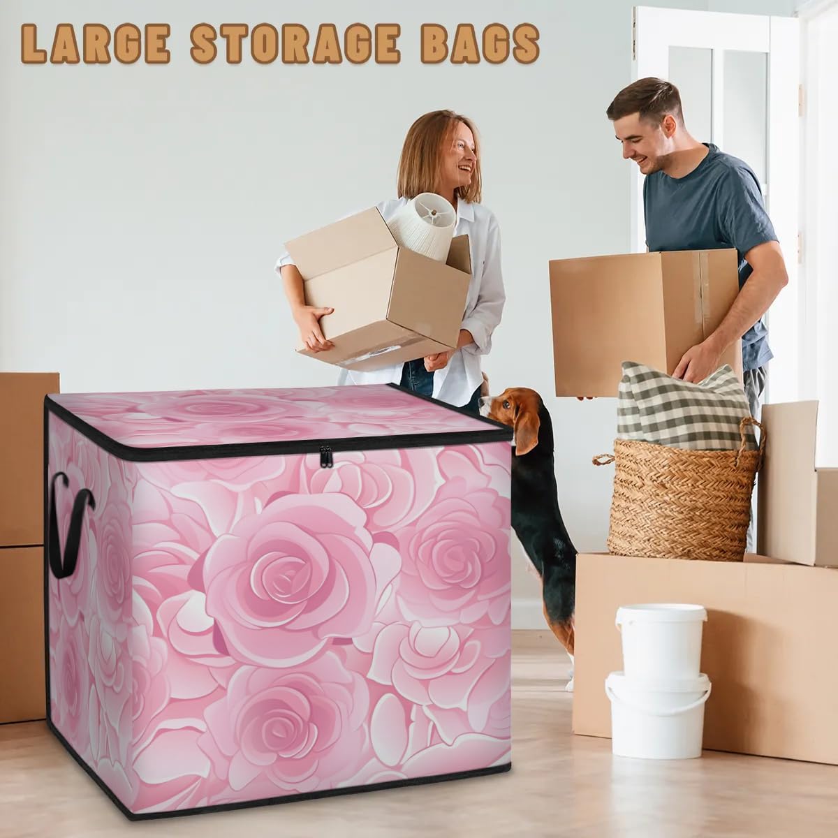 Honeybaby 214L Extra Large Comforter Storage Bag Rose Storage Totes with Lids Waterproof Closet Organizer Folding Blanket Storage Bags for Clothes Bedding Pillows