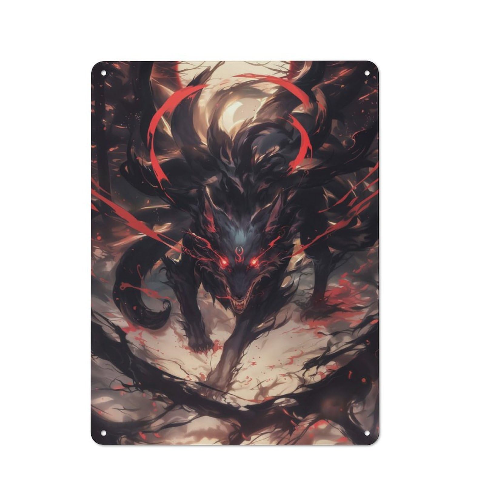 Rustic Evil Black Kitsune Fox Tin Wall Plaque 40x30cm, Rustic Kitchen Decor for Cottage, Kitchen, Hallway Or Breakfast Nook
