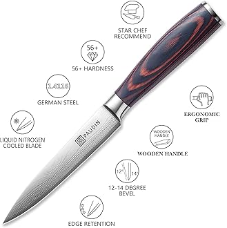 PAUDIN Utility Knife, Ultra Sharp Kitchen Knife 5 Inch, High Carbon German Stainless Steel Small Kitchen Knife with Wooden Handle, Small Knife Suitable for Home and Restaurant, Come with Gift Box