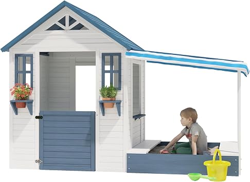 BIRASIL Kids Playhouse with Sandbox, Wooden Outdoor Cottage Play House with Sand Pit for Backyard Garden Ages 3 to 10 Years Old Blue/White