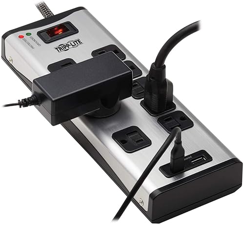 Miniatura 4 de Tripp Lite Regleta protectora contra sobretensiones de metal de 8 tomas, 1 USB-A y 1 puerto de carga USB C de 3.9 A, cable compartido de 8 pies