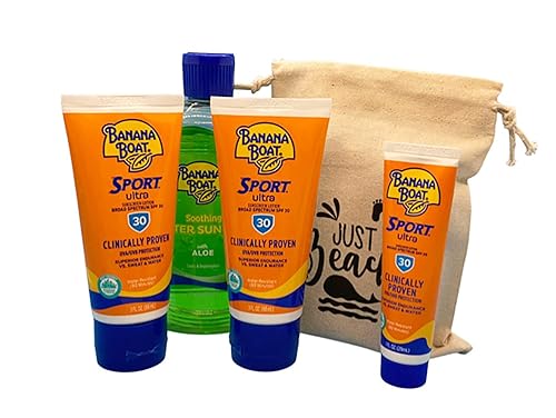 Banana Boat Beach - Paquete de tamaño de viaje con 5 artículos (2) Sport Ultra - Loción de protección solar SPF 30 (3 onzas) + (1) loción deportiva