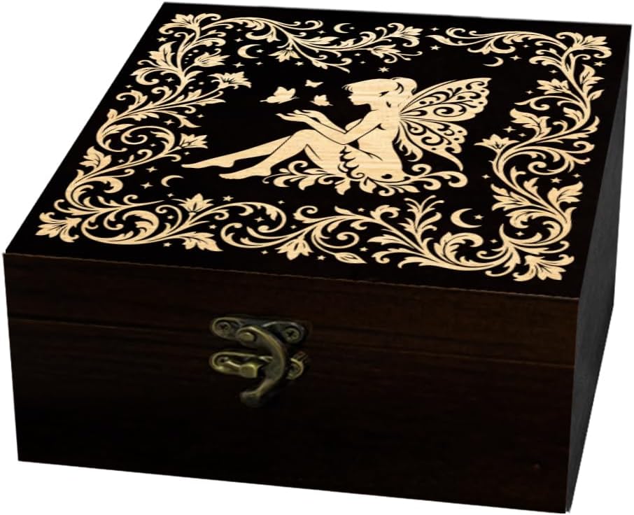 arricraft Small Wooden Keepsake Storage Box, Vintage Vine Border Fairies
