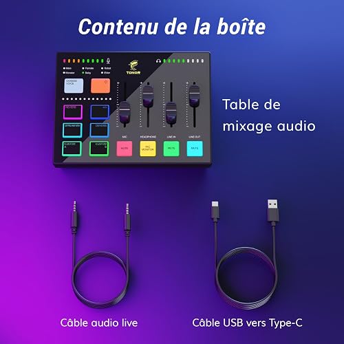 TONOR Audio Interface, Audio Mixer with RGB and Pro-preamp, 6.5mm and XLR Channel, Independent Volume Controls, Instrument Input Supported Soundcard, Suitable for Streaming, Gaming, Recording, TX310 - 8
