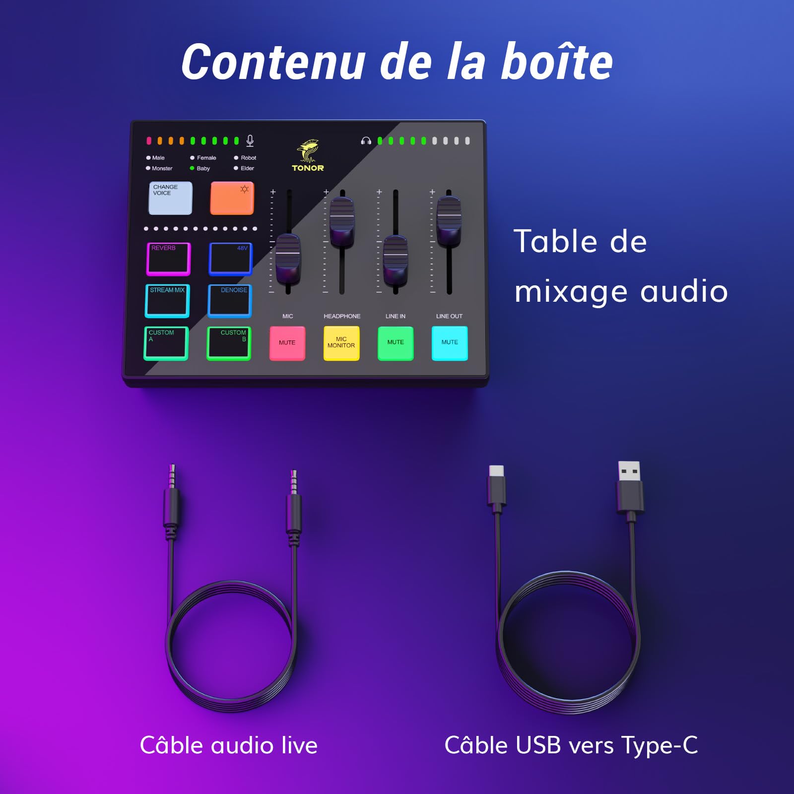TONOR Gaming Audio Mixer PC, RGB Mixer avec Canaux XLR et 6,35 mm pour Streaming, Podcast, l'enregistrement, Interface Audio pour TikTok, YouTube, Contrôle Individuel du Volume, Bouton de Sourdine