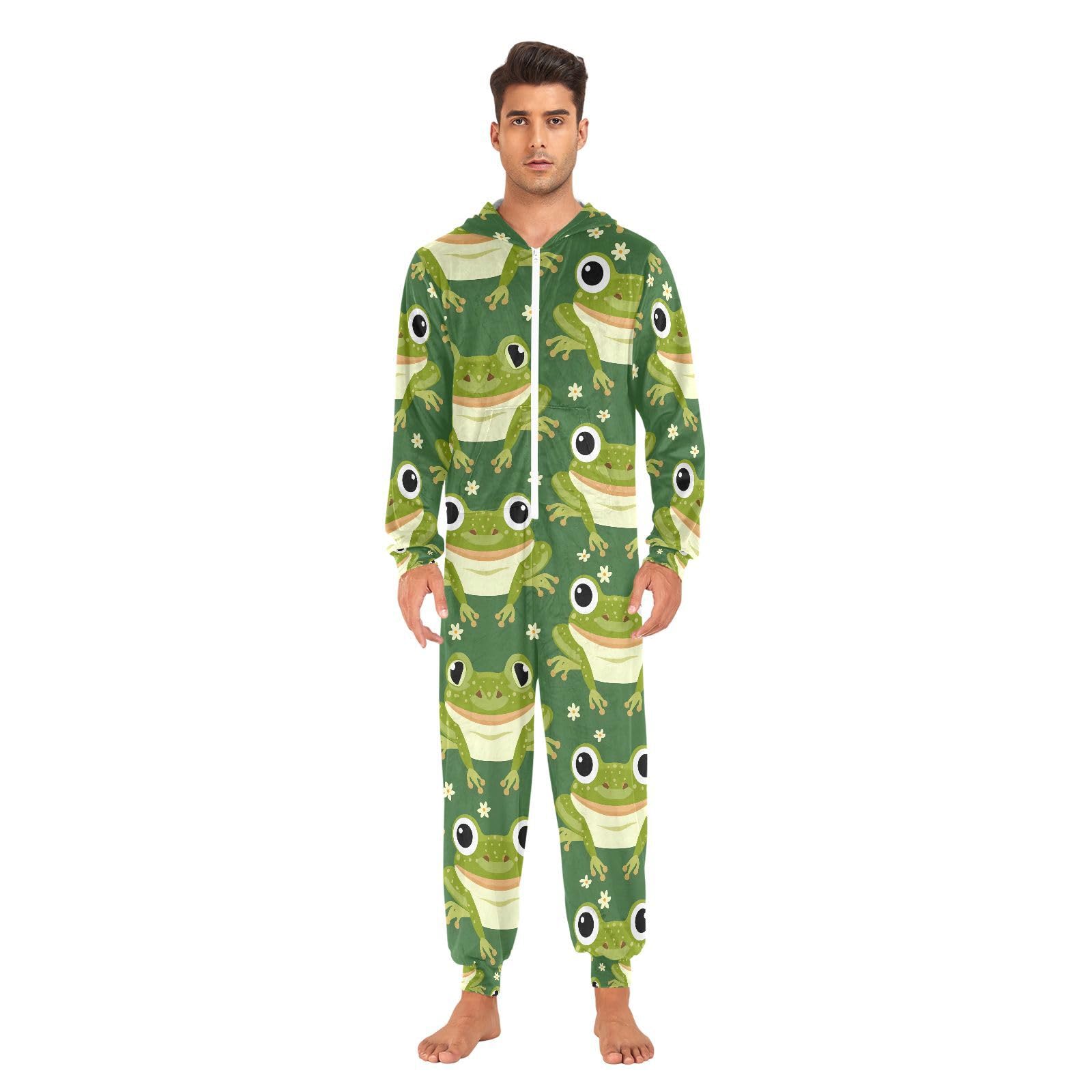 Mnsruu Grenouille Vert Animal Adulte Onesie pour Hommes Pyjama Polaire à Capuche Combinaison Loungewear Vêtements de Nuit