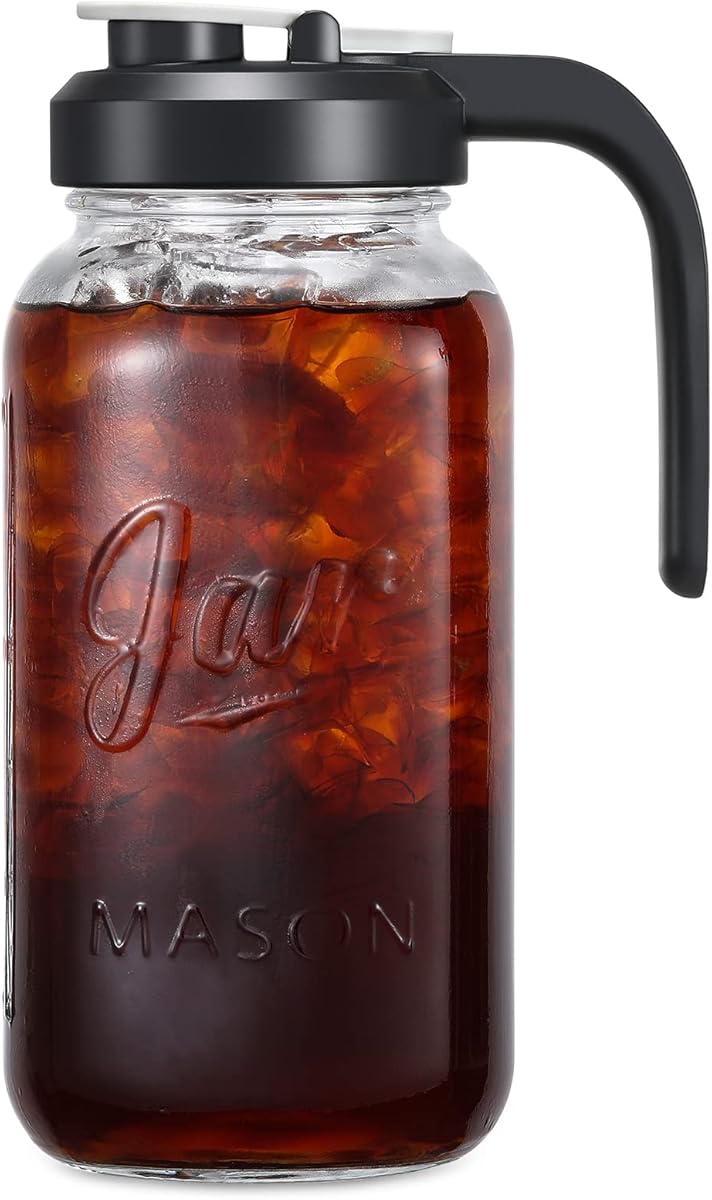 2 Quart Glass Pitcher with Lid - Airtight & Leakproof Mason Jar Pitcher with Filter Lid, Wide Mouth Glass Jar, Heavy Duty Glass Container for Water, Juice, Milk, Tea, Iced Coffee, and Drinks