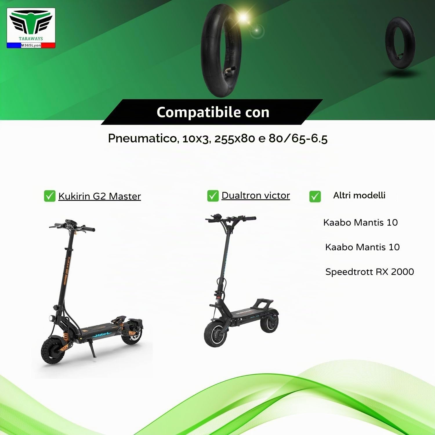 Camera d'aria 10 x 2,50 (10 x 2,5) per monopattino elettrico da 10 pollici, compatibile con pneumatici 2,55 x 80 e 65-6,5, Urbanglide E-Cross Max