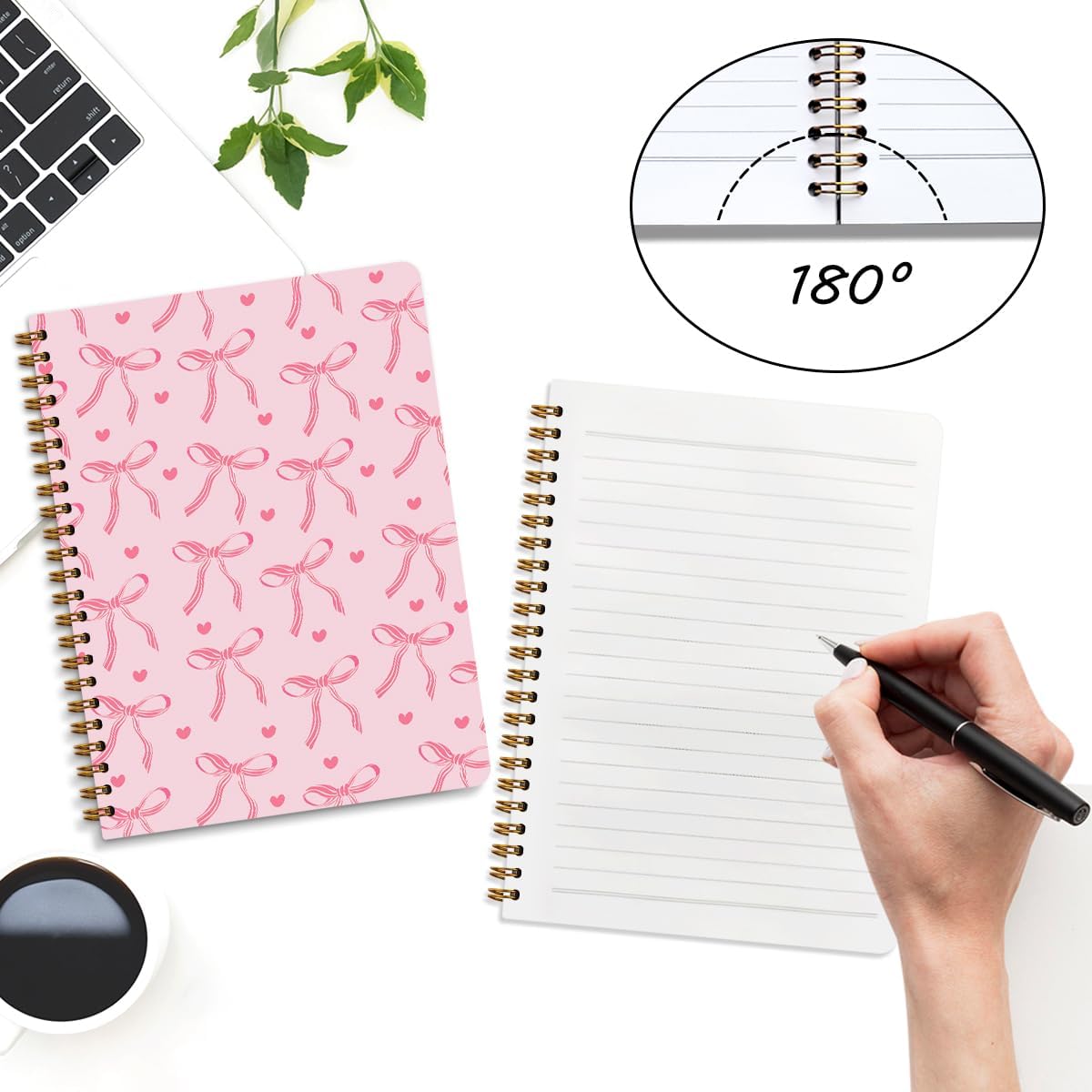 2 Packs Pink Bow Spiral Notebook College Ruled Trendy Notebook Journal Preppy Coquette Stuff Gifts for Women Teen Girls Journals for Writing Journaling Notebooks Office Classroom Supplies - Image 3
