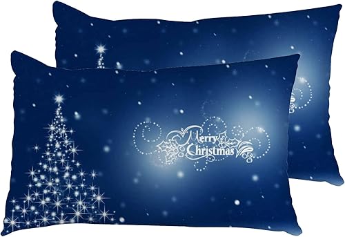 Juego de 2 fundas de almohada de invierno con diseño de árbol de Navidad azul, tamaño Queen, fundas de almohada de microfibra con cremallera oculta,