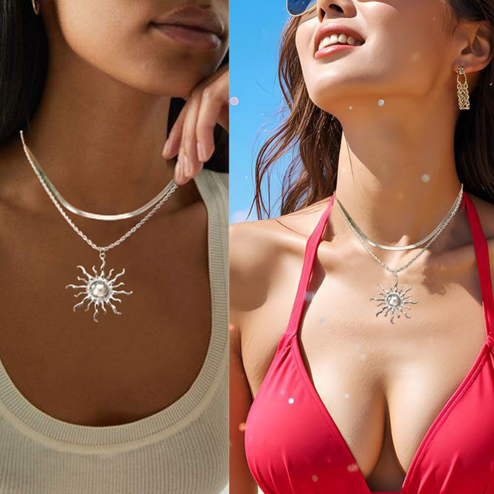 Elegant Gold Sun Necklace For Women Dainty 14k Gold Plated Pendant Necklace Vintage Stacked Sun Collarbone Chain Necklace Fashion Summer Beach Dance Party Jewelry - Image 4