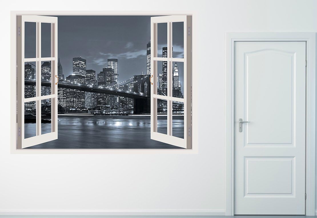 Mi Alma 3D Removable Vinyl Wall Mural Stickers White Window Frame Design - Wide Variety of Cityscapes - Easy to Apply Simply Peel & Stick - Wall Decals (29x40 Inch, New York W16)