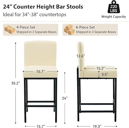 Miniatura 2 de Juego de 2 taburetes de bar de 24 pulgadas de altura de mostrador con respaldo, sillas de bar modernas tapizadas de piel sintética para isla de