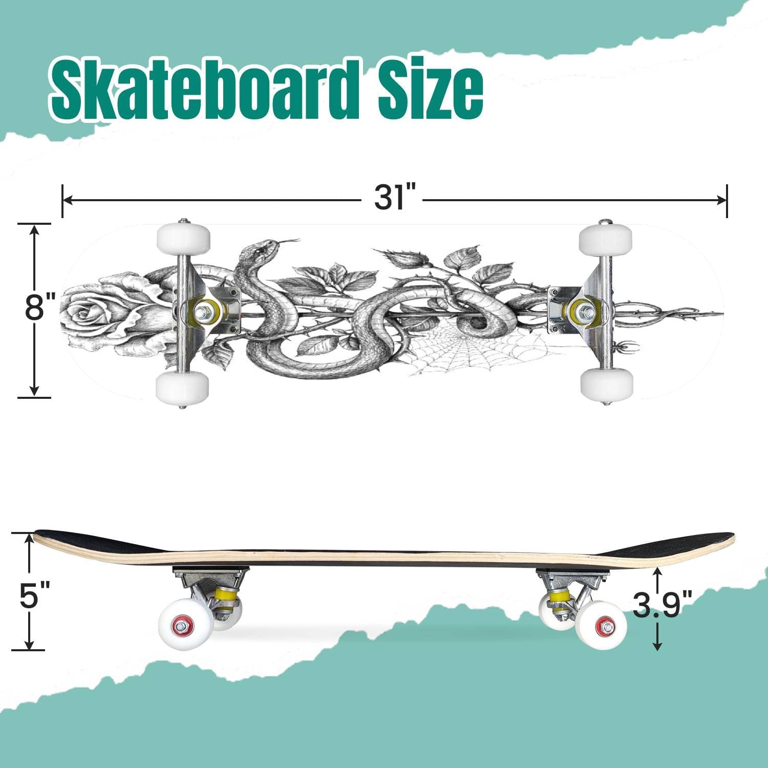 Skateboards Snake with Rose Bud on high stem Stock Illustration Classic Concave Skateboard Cool Stuff Teen Gifts Longboard Extreme Sports for Beginners and Professionals, Color4