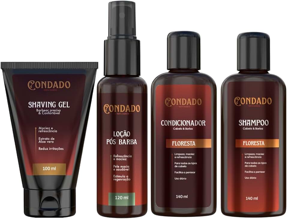 Kit Barba Masculina 4 em 1 Shampoo + Condicionador Gel de Barbear Loção Pós-Barba cuidados para barba e cabelo (Floresta (Amadeirado))