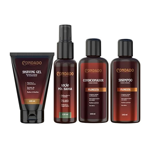 Kit Barba Masculina 4 em 1 Shampoo + Condicionador Gel de Barbear Loção Pós-Barba cuidados para barba e cabelo (Floresta (Amadeirado))