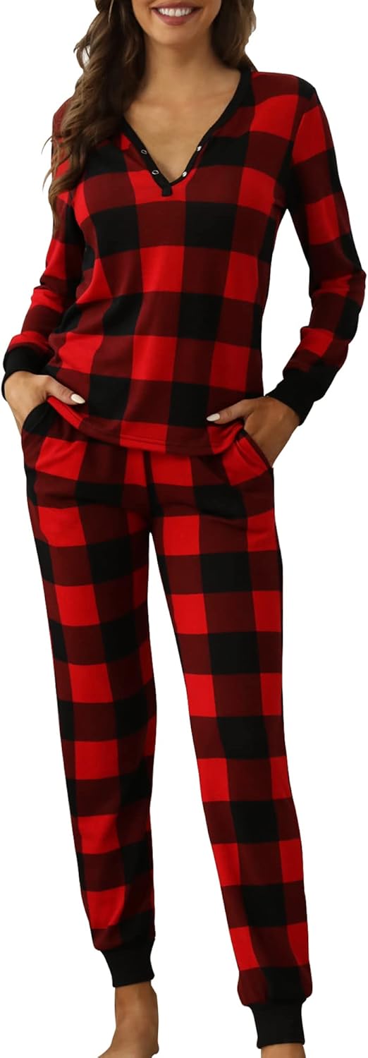 Smile Fish Womens Red Plaid Pajama Sets Henley Neck Buffalo Comfy Loungewear Sets