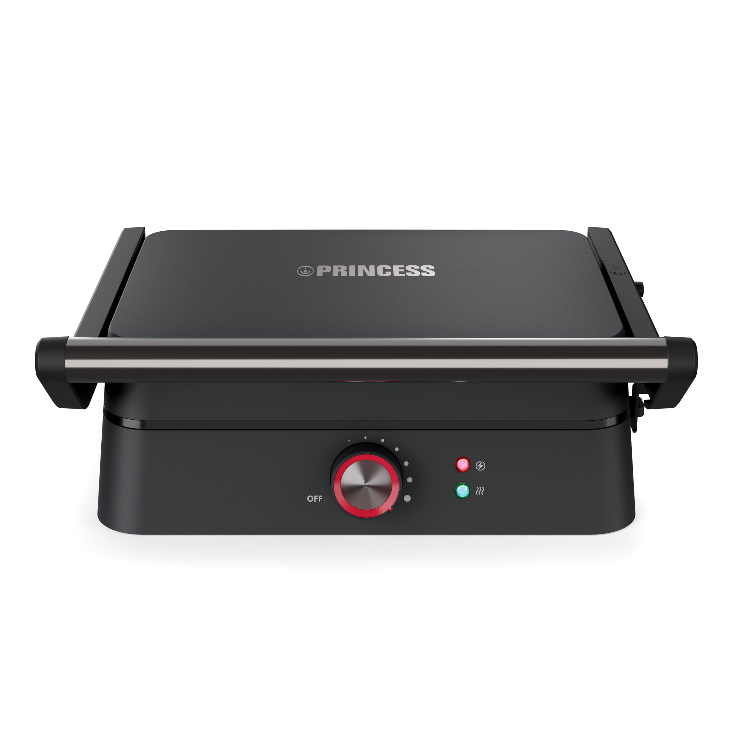 Princess 117502 grill kontaktowy, otwór 180°, wyjmowane płytki, regulowany termostat, bez PFAS, system zbierania tłuszczu, obudowa ze stali nierdzewnej, 1500 W, powierzchnia grillowania 27,5 x 18 cm