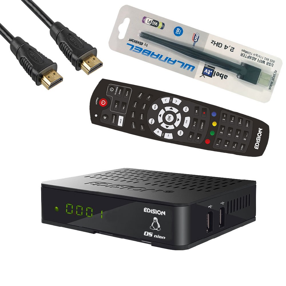 Edision OS NINO+ Full HD Satelliten Linux E2 Receiver schwarz inkl. Wlanabel und HDMI Kabel