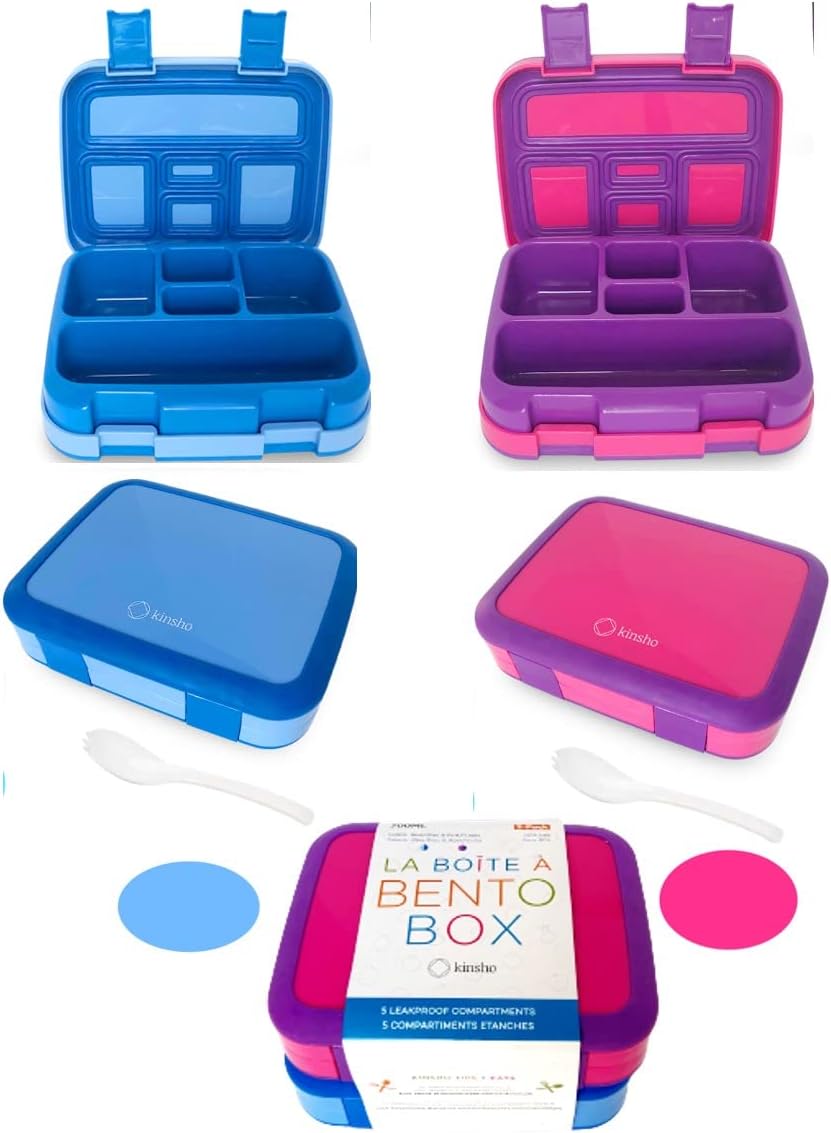 kinsho Bento Lunch Box for Kids Toddlers Boys Girls, 5 Portion Sections Secure Lid, Microwave Safe BPA Free Removable Tray, Pre-School Kid Daycare Lunches Snack Container, Blue & Pink Purple 2 pack Blue & Pink Bento 2 pack
