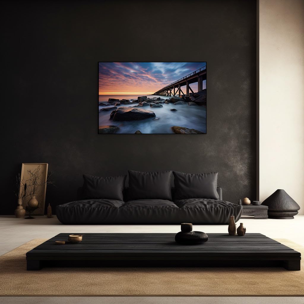 Canvas for Living room. Serene Seascape Serenity: Dawn's First Light Meets Dusk's Last Embrace on a Dreamy Pier, 27 x 18 inch Canvas Wall Art - Ready to Hang