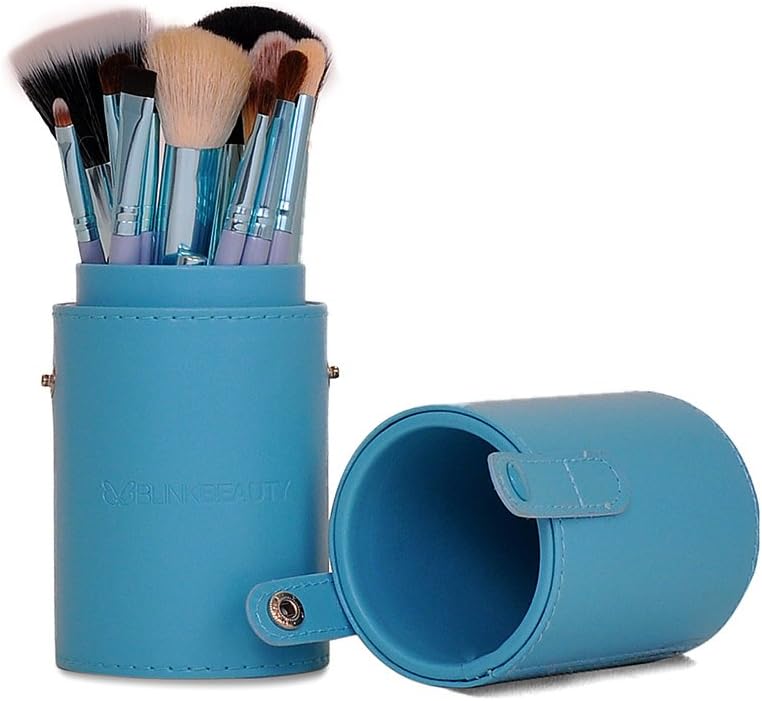 Professional 12 PCS Blue Cosmetic Makeup Brush Set With Leather Cup Holder