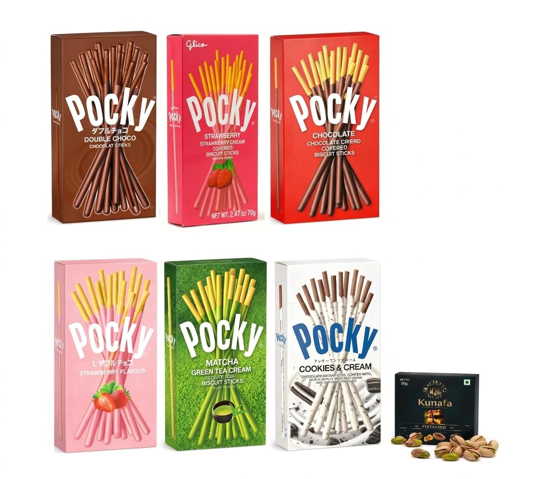 Pocky Sticks Assorted Flavours Combo Pack (Double Choco, Strawberry Cream, , Matcha Green Tea, Cookies & Cream) 47g Each Pack of 6 with Free Flavourito Kunafa Pistachio Chocolate Bar, 20g By Decadent Foods-picture-10