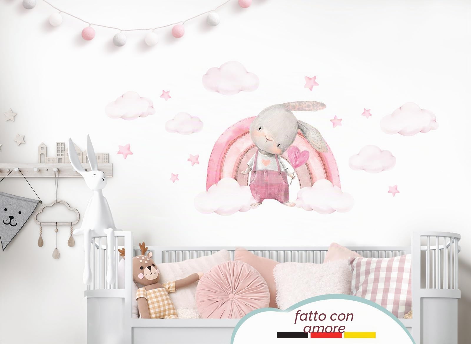 Little Deco DL826-4 - Adesivo da parete per cameretta dei bambini, motivo: arcobaleno e coniglietto rosa