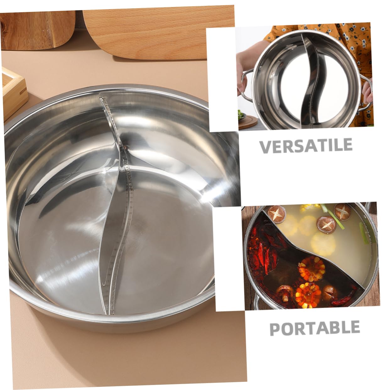 MUCKLILY Stainless Steel Dual Flavor Hot Pot with Divider Soup Cooking Pot for Home -efficient Design for Multiple Dishes Easy to Clean Portable Cooking